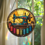 Vintage Sewing Machine Stained Glass Suncatcher, Round Colorful Thread Spools Window Panel, Quilting Seamstress Craft Room Glass Art Gift