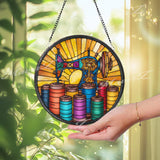 Sewing Machine Stained Glass Suncatcher, Round Colorful Thread Spools Window Panel, Quilter Seamstress Craft Room Glass Art Decor Gift