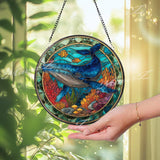 Whale Ocean Stained Glass Suncatcher, Round Underwater Coral Reef Window Panel, Marine Life Nautical Sea Glass Art Home Decor Gift