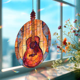 Guitar Acrylic Suncatcher, Round Stained Glass Style Music Window Hanging, Colorful Acoustic Instrument Home Decor Gift for Musicians