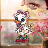 Cute Duck Acrylic Suncatcher, Stained Glass Style Duckling with Pink Bow and Strawberry Shoes, Adorable Animal Window Decor Gift