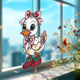 Cute Duck Acrylic Suncatcher, Stained Glass Style Duckling with Pink Bow and Strawberry Shoes, Adorable Animal Window Decor Gift