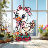 Cute Duck Acrylic Suncatcher, Stained Glass Style Duckling with Pink Bow and Strawberry Shoes, Adorable Animal Window Decor Gift
