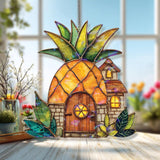 Pineapple House Acrylic Suncatcher, Stained Glass Style Cottage Window Hanging, Whimsical Fruit Home Decor Gift for Tropical Lovers
