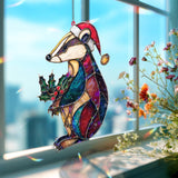 Christmas Badger Acrylic Suncatcher, Stained Glass Style Holiday Animal Window Hanging, Festive Wildlife Decor Gift with Santa Hat