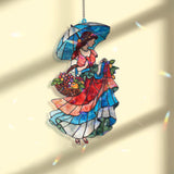 Lady with Umbrella Acrylic Suncatcher, Stained Glass Style Woman Window Hanging, Colorful Vintage Dress Fruit Basket Home Decor