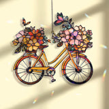 Bicycle with Flowers Acrylic Suncatcher, Stained Glass Style Bike Window Hanging with Butterflies, Colorful Floral Home Decor Gift