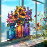 Sunflower Mason Jar Acrylic Suncatcher, Colorful Stained Glass Style Flower Window Hanging, Bright Floral Home Decor Gift