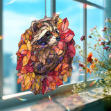 Raccoon Autumn Leaves Acrylic Suncatcher, Stained Glass Style Woodland Animal with Fall Foliage, Rustic Nature Window Hanging Decor