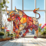 Bull Acrylic Suncatcher, Stained Glass Style Powerful Taurus Bull Window Hanging, Rustic Zodiac Animal Decor Gift for Home