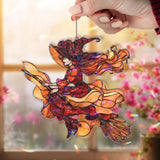 Witch Acrylic Suncatcher, Stained Glass Style Flying Witch on Broom with Flowing Dress and Hat, Gothic Halloween Window Hanging Decor