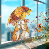 Mouse Couple Acrylic Suncatcher, Stained Glass Style Cute Mice with Autumn Leaf Umbrella, Woodland Animal Window Hanging Home Decor