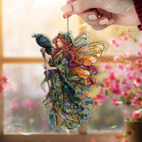 Fairy Raven Acrylic Suncatcher, Stained Glass Style Woodland Fairy with Wings and Bird, Fantasy Nature Window Hanging Gothic Home Decor