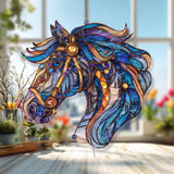Horse Head Acrylic Suncatcher, Stained Glass Style Majestic Blue Stallion Window Hanging, Equestrian Western Rustic Home Decor Gift