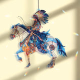 Native Warrior on Horse Acrylic Suncatcher, Stained Glass Style Rider with Feather Headdress, Western Rustic Window Hanging Home Decor