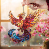 Phoenix Acrylic Suncatcher, Stained Glass Style Fiery Bird Rising with Blue Flame Tail, Mythical Fantasy Window Hanging Home Decor