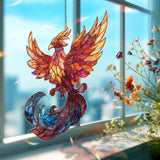 Phoenix Acrylic Suncatcher, Stained Glass Style Fiery Bird Rising with Blue Flame Tail, Mythical Fantasy Window Hanging Home Decor