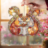Squirrel Couple Acrylic Suncatcher, Stained Glass Style Woodland Chipmunks with Acorns, Rustic Autumn Window Hanging Nature Home Decor