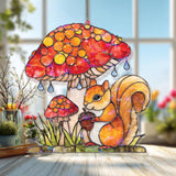 Squirrel Mushroom Acrylic Suncatcher, Stained Glass Style Woodland Scene with Acorn and Toadstool, Cute Forest Animal Window Hanging