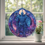Galaxy Knight Acrylic Suncatcher, Stained Glass Style Warrior with Sword and Shield, Cosmic Fantasy Window Hanging Gothic Home Decor
