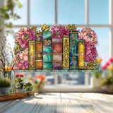 Books and Peonies Acrylic Suncatcher, Stained Glass Style Window Hanging with Colorful Vintage Bookshelf, Literary Home Decor Gift
