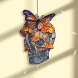 Butterfly Skull Acrylic Suncatcher, Stained Glass Style Window Hanging with Orange Mushrooms, Gothic Nature Boho Home Decor