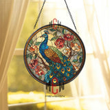 Peacock Stained Glass Suncatcher, Round Colorful Bird and Floral Window Hanging, Elegant Nature Art Home Decor Gift for Peacock Lovers