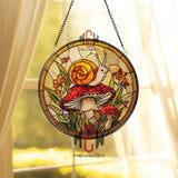 Autumn Animals Stained Glass Suncatcher, Round Raccoon and Bear by Campfire Window Hanging, Cozy Fall Nature Home Decor Gift