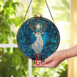 Llama Stained Glass Suncatcher, Round Colorful Alpaca with Sun and Mountain Window Hanging, Boho Nature Art Home Decor Gift