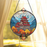 Garden Arch Stained Glass Suncatcher, Round Rose Flower Window Hanging with Scenic Landscape View, Romantic Nature Home Decor Gift