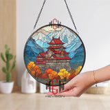 Garden Arch Stained Glass Suncatcher, Round Rose Flower Window Hanging with Scenic Landscape View, Romantic Nature Home Decor Gift