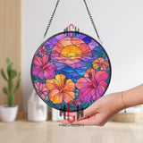 Japanese Castle Stained Glass Suncatcher, Round Mountain Temple Window Hanging with Autumn Trees, Asian Landscape Home Decor Gift