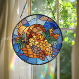 Harvest Cornucopia Stained Glass Suncatcher, Round Fall Basket Window Panel with Grapes and Leaves, Autumn Thanksgiving Decor