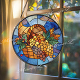 Harvest Cornucopia Stained Glass Suncatcher, Round Fall Basket Window Panel with Grapes and Leaves, Autumn Thanksgiving Decor