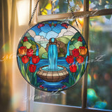 Water Fountain Stained Glass Suncatcher, Round Garden Window Panel with Red Tulips and Blue Stream, Nature Landscape Home Decor