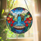 Water Fountain Stained Glass Suncatcher, Round Garden Window Panel with Red Tulips and Blue Stream, Nature Landscape Home Decor