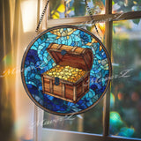 Treasure Chest Stained Glass Suncatcher, Round Ocean Blue Window Panel with Gold Coins, Nautical Pirate Theme Home Decor Gift