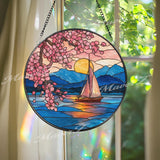 Sailboat Sunset Stained Glass Suncatcher, Round Lake Window Panel with Pink Cherry Blossoms, Ocean Horizon Art Home Decor