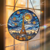 Eiffel Tower Stained Glass Suncatcher, Round Paris Skyline Window Panel with Starry Night Sky, Travel Cityscape Home Decor