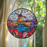 Windmill Field Stained Glass Suncatcher, Round Countryside Window Panel with River and Tulips, Dutch Farm Landscape Home Decor