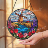 Windmill Field Stained Glass Suncatcher, Round Countryside Window Panel with River and Tulips, Dutch Farm Landscape Home Decor