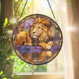 Majestic Lion Stained Glass Suncatcher, Round Safari King Window Panel with Golden Mane and Reflection, Wildlife Art Decor