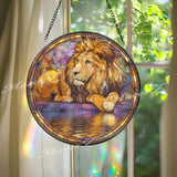 Majestic Lion Stained Glass Suncatcher, Round Safari King Window Panel with Golden Mane and Reflection, Wildlife Art Decor
