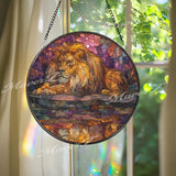 Lion Reflection Stained Glass Suncatcher, Round Safari King Window Panel with Golden Mane and Water Mirror, Wildlife Art Decor