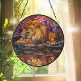 Lion Reflection Stained Glass Suncatcher, Round Safari King Window Panel with Golden Mane and Water Mirror, Wildlife Art Decor