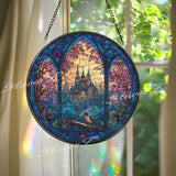 Enchanted Castle Stained Glass Suncatcher, Round Gothic Window Panel with Bird and Blossoms, Fantasy Fairytale Home Decor