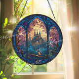 Enchanted Castle Stained Glass Suncatcher, Round Gothic Window Panel with Bird and Blossoms, Fantasy Fairytale Home Decor