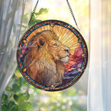 Lion Majesty Stained Glass Suncatcher, Round Golden Mane Window Panel with Sunrise Rays, Regal Wildlife Art Home Decor
