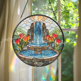 Garden Fountain Stained Glass Suncatcher, Round Waterfall Window Panel with Red Tulips, Nature Landscape Home Decor Gift