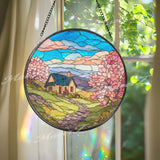Cottage Landscape Stained Glass Suncatcher, Round Countryside Window Panel with Blossoms and Hills, Spring Home Decor Gift